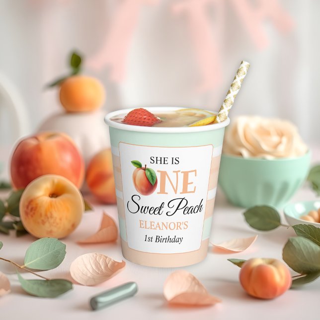 One sweet peach First Birthday watercolor stripes Pappbecher (Von Creator hochgeladen)