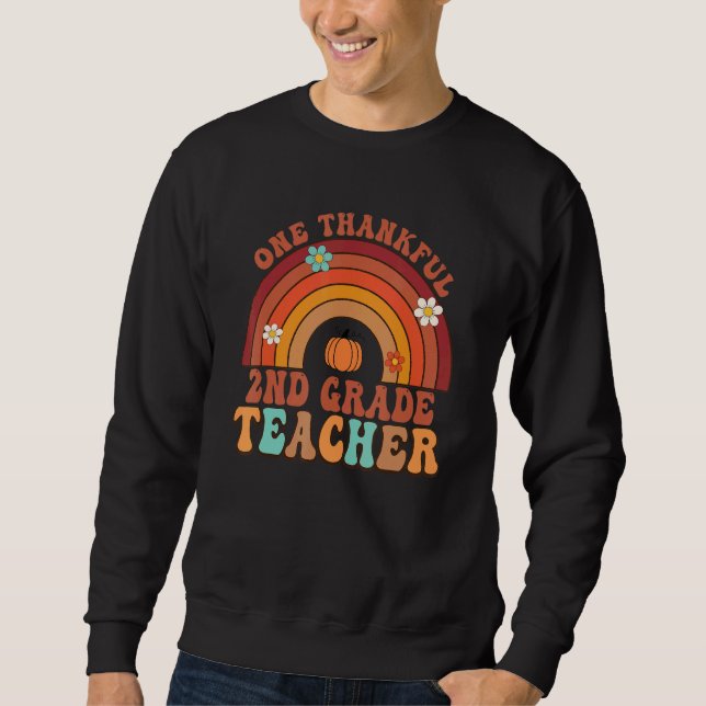 One Thankful 2nd Grade Teacher Groovy Thanksgiving Sweatshirt (Vorderseite)
