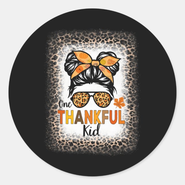 One Thankful Kid Erntedank Messy Bun Leopard Bl Runder Aufkleber (Vorderseite)