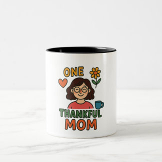 One Thankful Mom – Cute Cartoon Mother with Glasse Zweifarbige Tasse