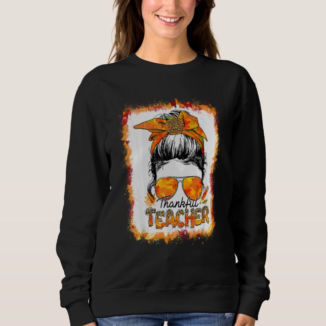 One Thankful Teacher Leopard Messy Bun Thanksgivin Sweatshirt (Vorderseite)