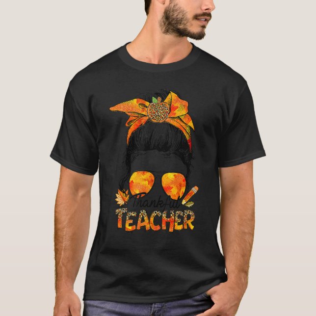 One Thankful Teacher Leopard Messy Bun Thanksgivin T-Shirt (Vorderseite)