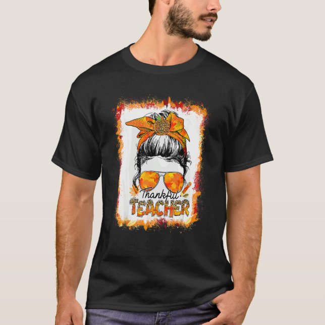 One Thankful Teacher Leopard Messy Bun Thanksgivin T-Shirt (Vorderseite)