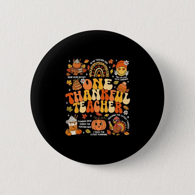 One Thankful Teacher Thanksgiving Groovy Fall Autu Button (Vorderseite)