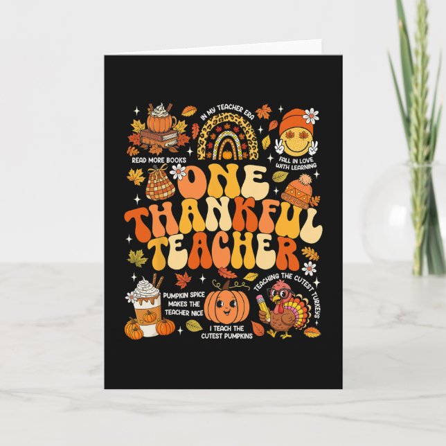One Thankful Teacher Thanksgiving Groovy Fall Autu Karte (Vorderseite)