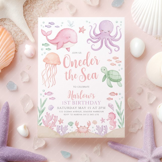 One the Sea 1. Geburtstagskind Einladung (Oneder the Sea Girl's 1st birthday invitation | Ocean animal theme in pink purple)
