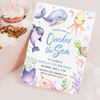 One the Sea Blue Boy Erster Geburtstag Party Einladung