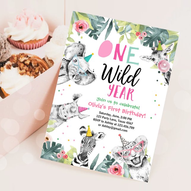 One Wild Year Girl Birthday Party Safari Tiere Einladung (Von Creator hochgeladen)
