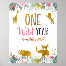 One Wild Year Pink Gold Safari Geburtstagszeichen Poster