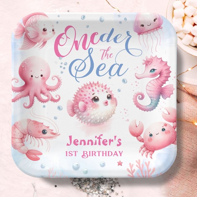 ONEder Sea 1st Birthday Girls Pink Niedlich Ocean Pappteller (Von Creator hochgeladen)