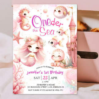 ONEder The Sea! 1. Geburtstag Girl Pink Sea Life Einladung
