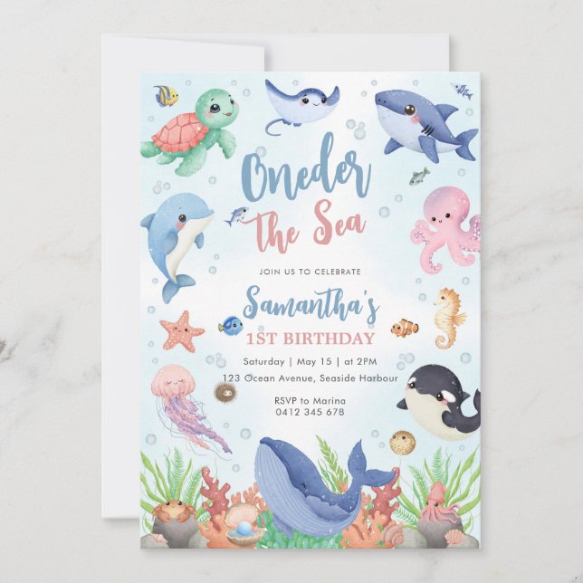 Oneder The Sea 1st Birthday Invitation Einladung (Vorderseite)