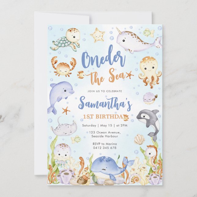 Oneder The Sea 1st Birthday Invitation Einladung (Vorderseite)