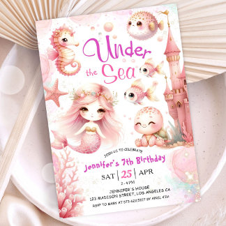 ONEder The Sea! 7. Geburtstagsmädchen Rosa Niedlic Einladung