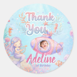 ONEder the Sea Girl 1st Birthday Photo Thank You Runder Aufkleber