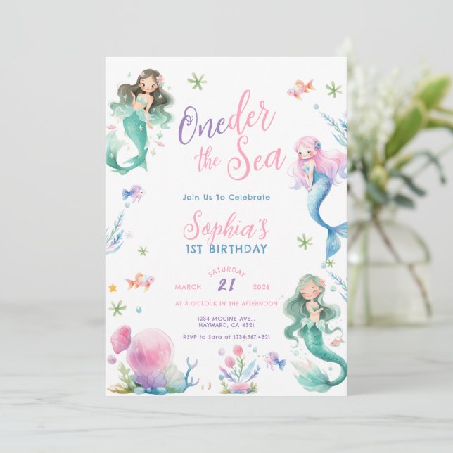 ONEder the Sea Little Mermaid First Birthday Einladung (Stehend Vorderseite)