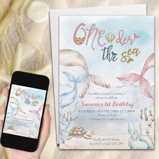 Oneder the Sea Mermaid Watercolor 1st Birthday Einladung