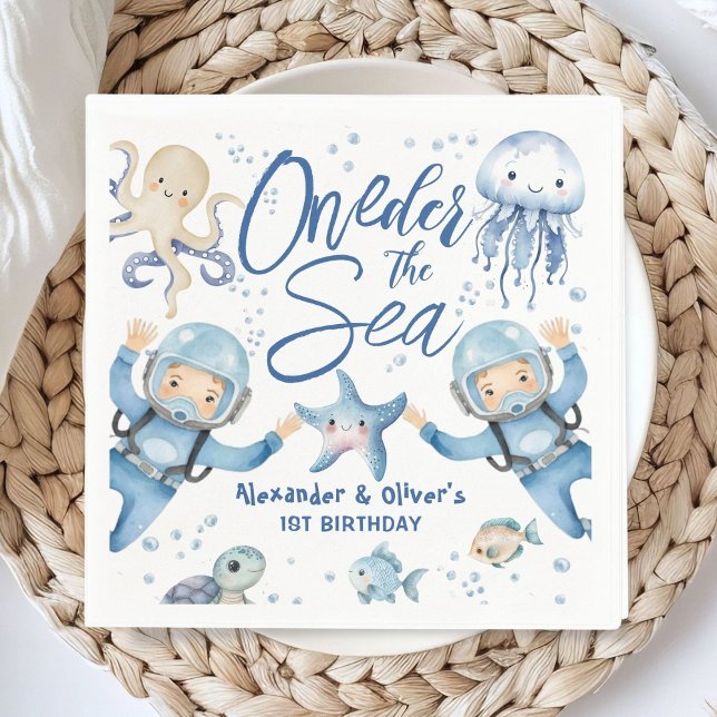 ONEder The Sea Twin Boys 1st birthday Cute Ocean  Serviette (Von Creator hochgeladen)
