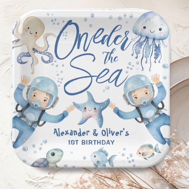 ONEder The Sea Twin Boys 1st Birthday Ocean Pappteller (Von Creator hochgeladen)