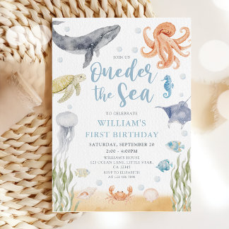 Oneder unter dem Meer Ozean-Tiere 1. Geburtstag Einladung