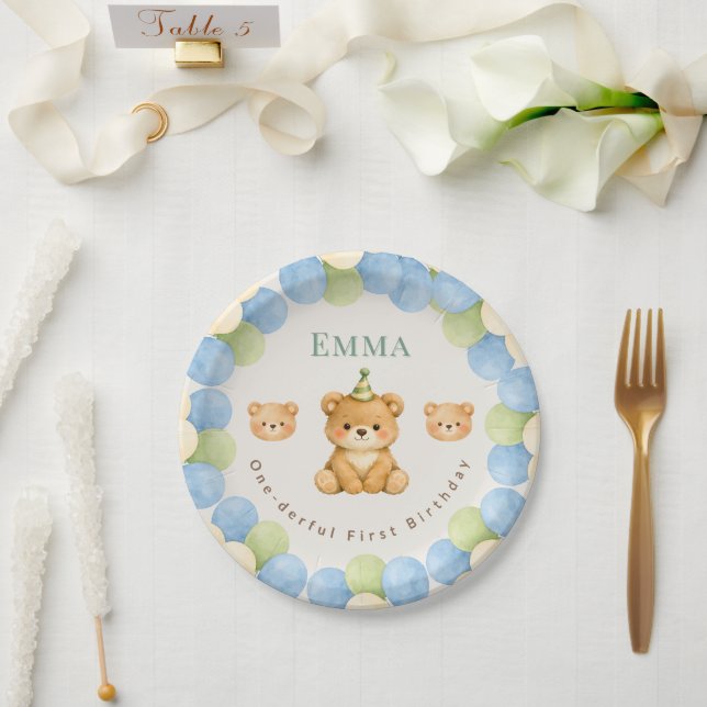 Onederful Bear First Birthday Paper Plates Pappteller (Hochzeit)