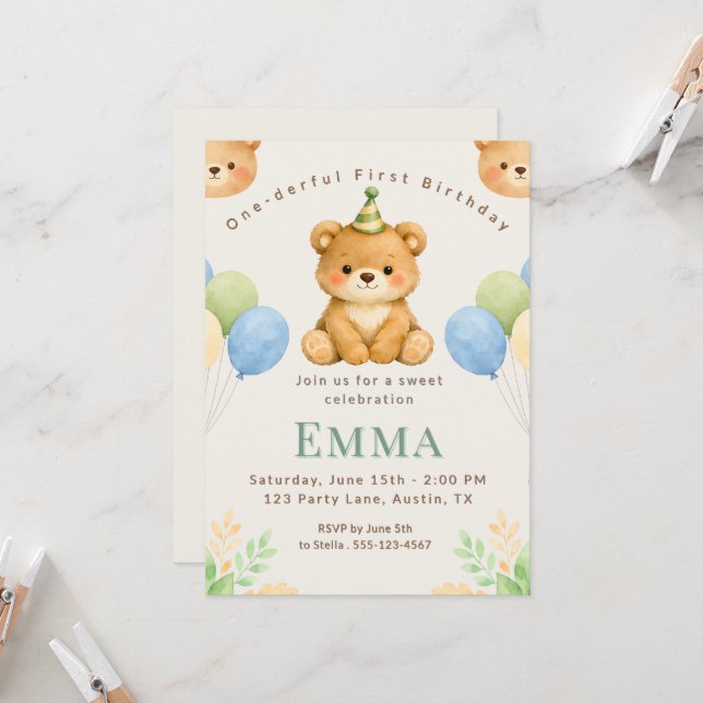 Onederful Bear First Birthday Party Invitation Einladung (Vorderseite/Rückseite Beispiel)