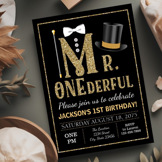 ONEderful Birthday Party Einladung (Boy first birthday invitation. Mr. Onederful birthday party invitation with cute top hat, vest, tie.)