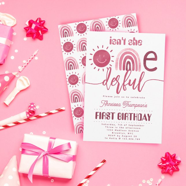 Onederful Boho Pink Rainbow Sunshine Geburtstag Einladung (Von Creator hochgeladen)