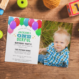 ONEderful First Birthday Balloon Green Foto Einladung