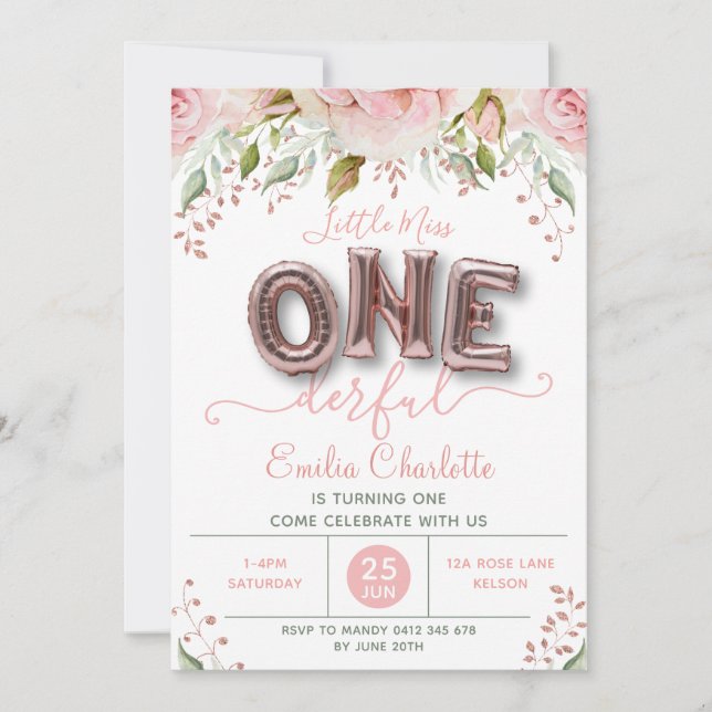 Onederful Girls Pink Ballon 1. Geburtstag Einladung (Vorderseite)