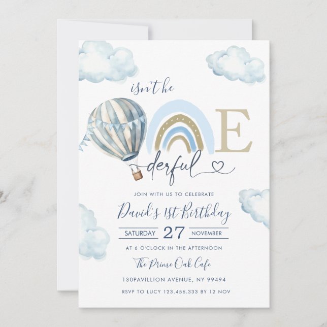 Onederful Hot Air Balloon Boy 1st Birthday Einladung (Vorderseite)