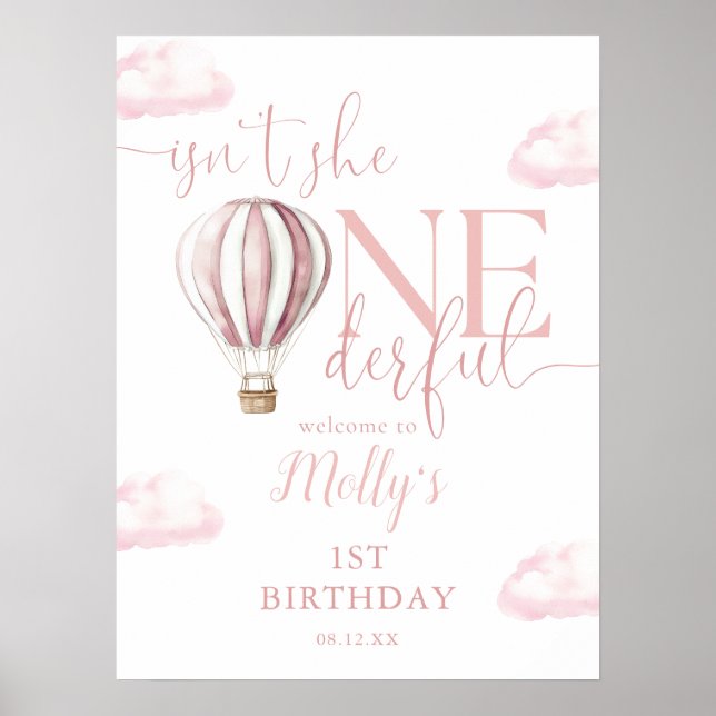 Onederful Pink Balloon Girl 1. Geburtstag Willkomm Poster (Vorne)