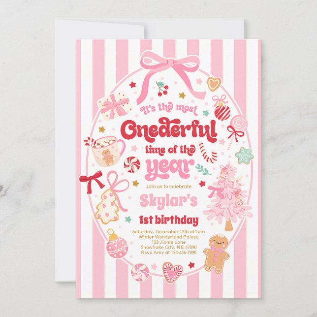 Onederful Time Of The Year Christmas Bow Birthday Einladung (Vorderseite)