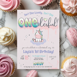 ONEderful Unicorn Rainbow Pink Girl 1. Geburtstag Einladung