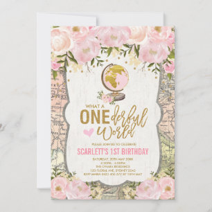 ONEderful World Adventure Map Girls 1. Geburtstag Einladung