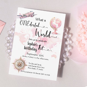 Onederful world pink travel girl 1. Geburtstag Einladung