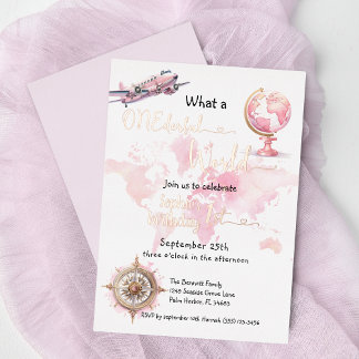Onederful world pink travel girl 1. Geburtstag Folieneinladung