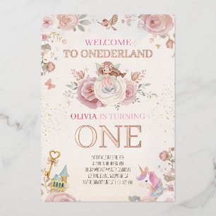 Onederland Floral Erster Geburtstag Mädchen Luxus Folieneinladung