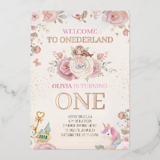 Onederland Floral First Birthday Girl Luxury Folieneinladung