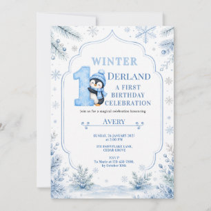 ONEderland Pinguin Schnee Blau Winter 1. Geburtsta Einladung