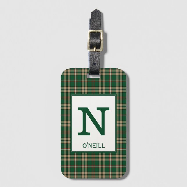 O'Neill Tartan Green und Tan Kariertes Muster Gepäckanhänger (Vorderseite Vertikal)