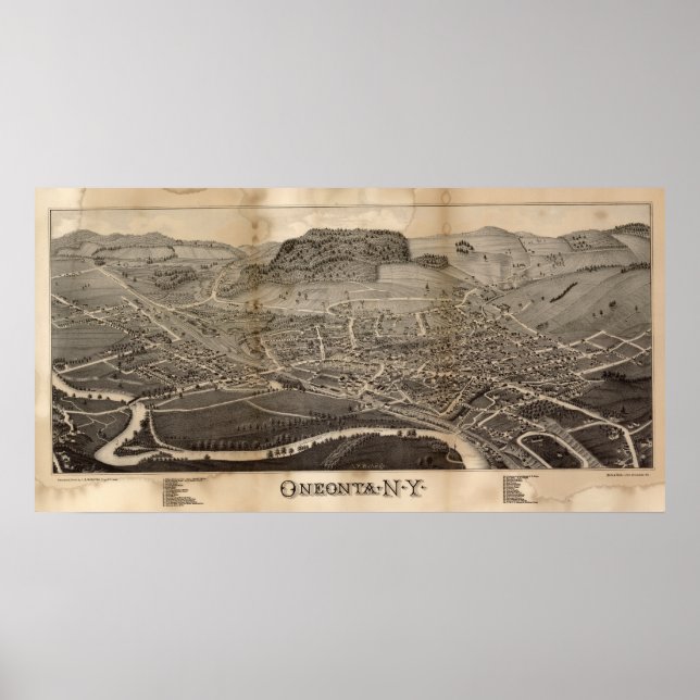 Oneonta New York 1884 Antik Panoramabalkarte Poster (Vorne)