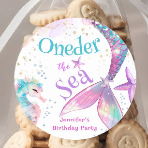 Onethe Sea Mermaid 1. Geburtstag Pink Lila Runder Aufkleber