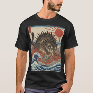 Oni Cat Surging Waves Ukiyo-e Sonnenaufgang T-Shirt