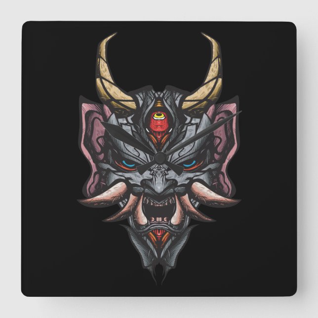 Oni Mask Quadratische Wanduhr (Vorderseite)