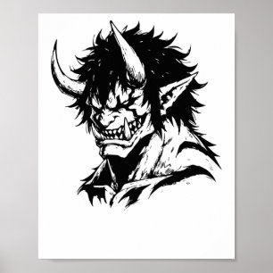 Oni Yokai japanische Kontur Portrait Sticker Poster