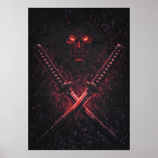 Oni-Zwillingsklingen-Samurai, abstrakter surrealer Poster (Vorne)
