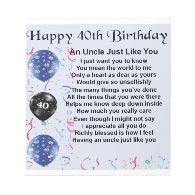Onkel Gedicht - 40. Geburtstag Notizblock (Vorderseite)