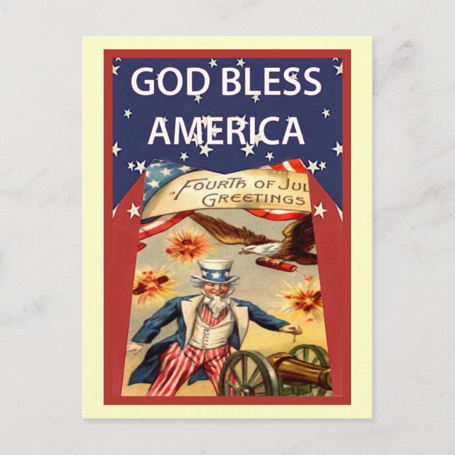 Onkel Sam, Gott segne Amerika Postkarte (Vorderseite)