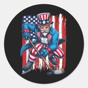 Onkel Sam Hockeyspieler 4. Juli Amerikanische Flag Runder Aufkleber